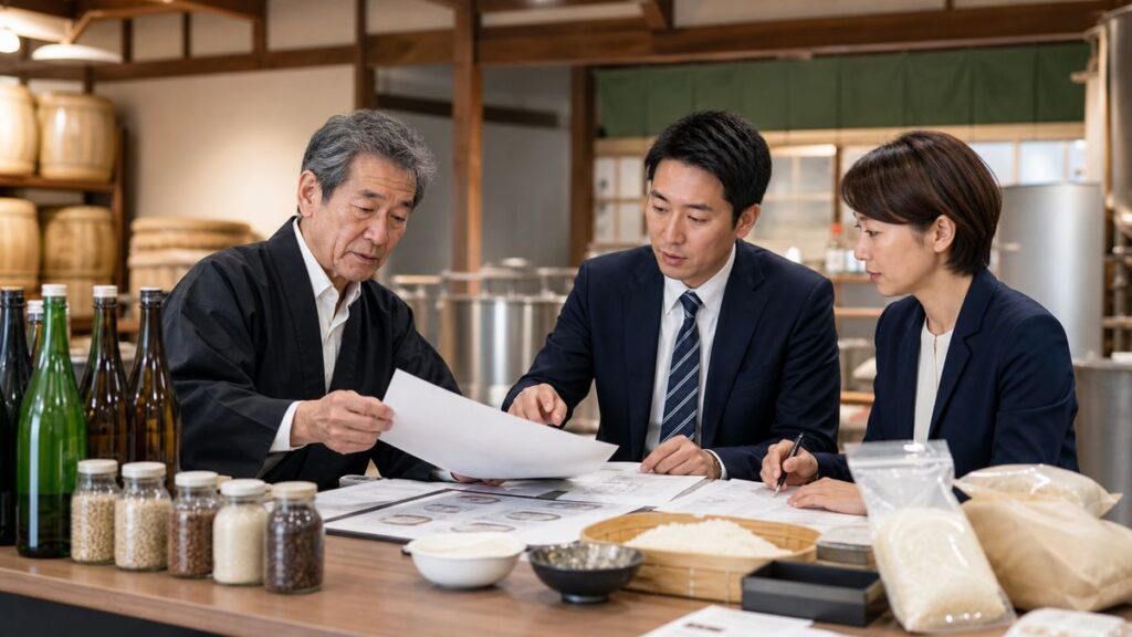 京都の食品工房で経営者と買い手候補とM&Aアドバイザーが商品資料を確認する様子