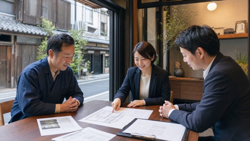 京都の町家店舗で経営者と買い手候補とM&Aアドバイザーが承継資料を確認する様子