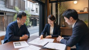 京都の町家店舗で経営者と買い手候補とM&Aアドバイザーが承継資料を確認する様子