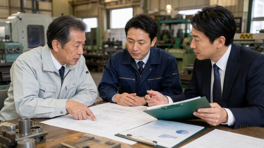 京都南部の製造現場で経営者と買い手候補とM&Aアドバイザーが図面を確認する様子