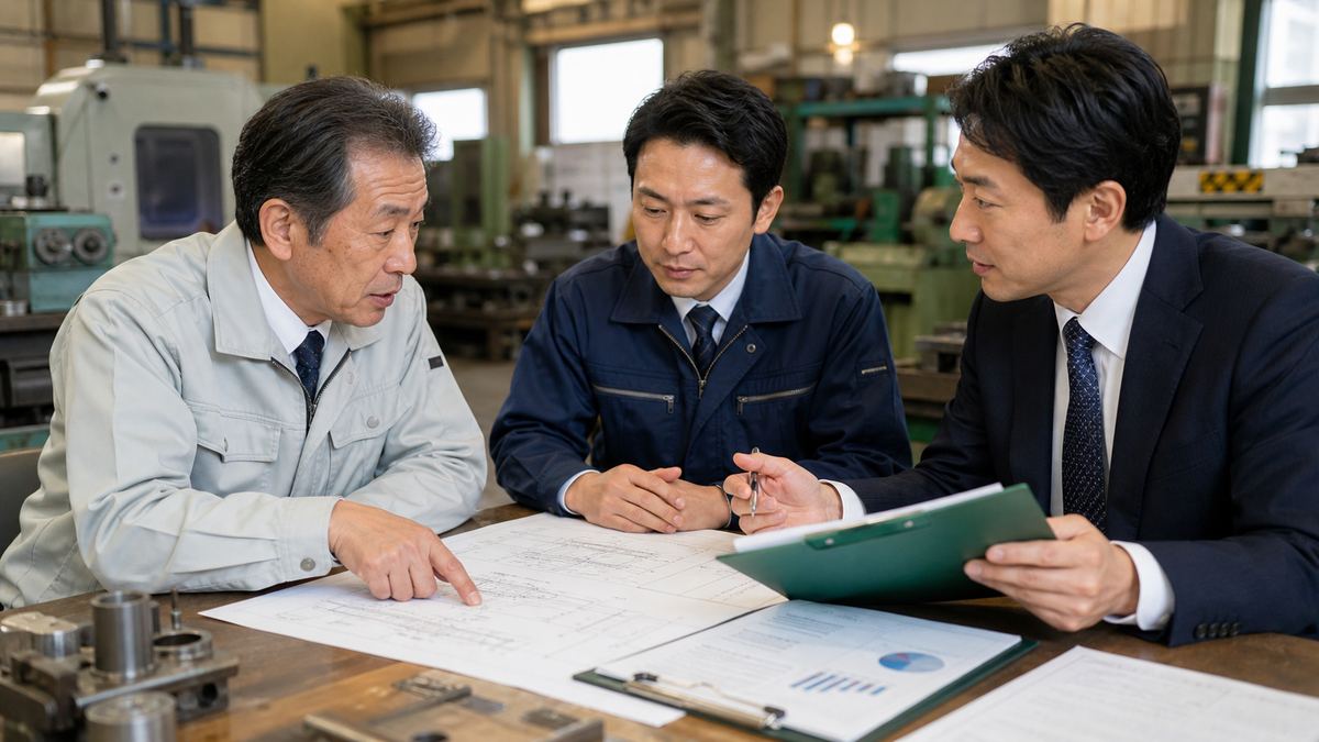 京都南部の製造現場で経営者と買い手候補とM&Aアドバイザーが図面を確認する様子