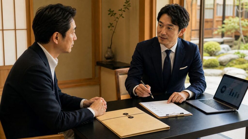 京都の相談室で経営者とアドバイザーが秘密保持とM&A費用について確認している様子