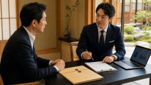京都の相談室で経営者とアドバイザーが秘密保持とM&A費用について確認している様子