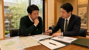 京都の相談室で経営者とM&Aアドバイザーが会社売却準備の資料を確認している様子