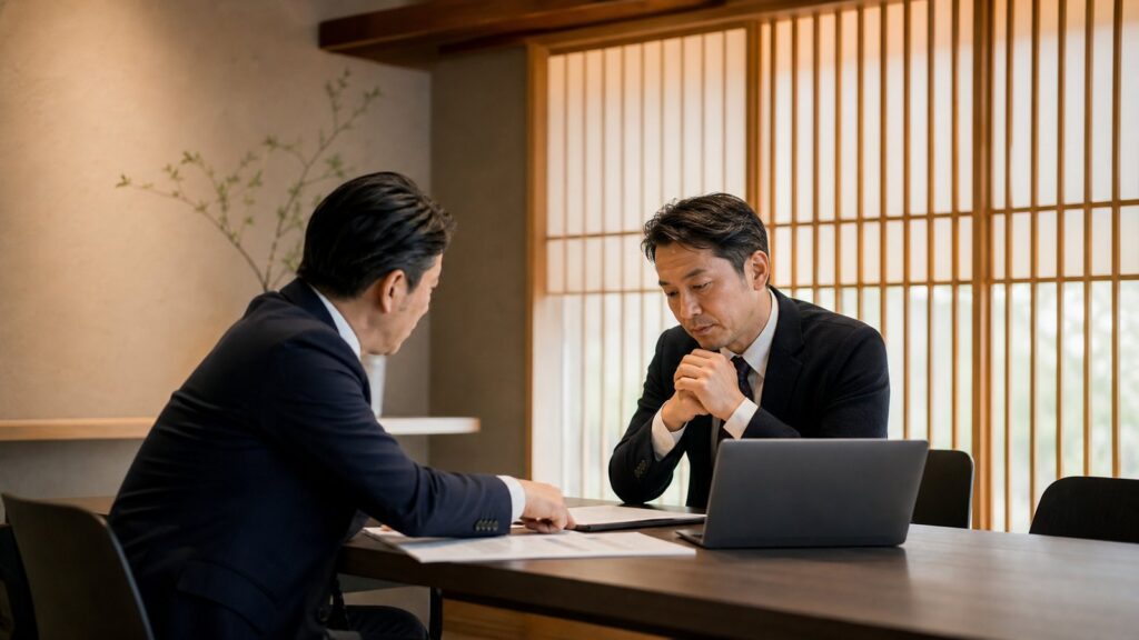 京都で会社売却とM&Aを相談する経営者と専門家の打ち合わせ風景