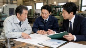京都の建設業・設備工事業のM&Aで経営者と買い手候補とアドバイザーが図面と承継資料を確認する様子