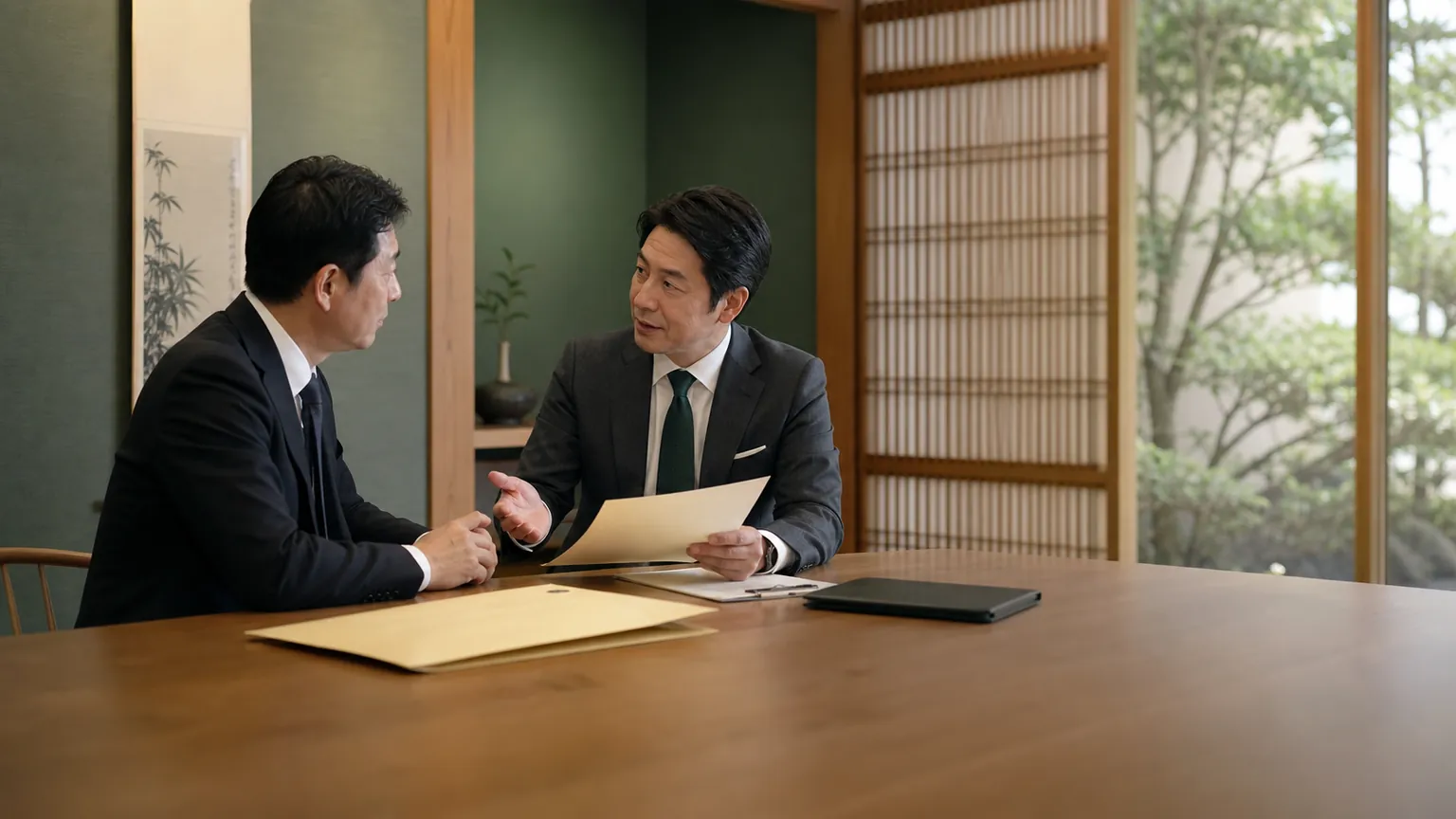 京都の会社売却について情報管理を前提に相談する経営者とアドバイザー