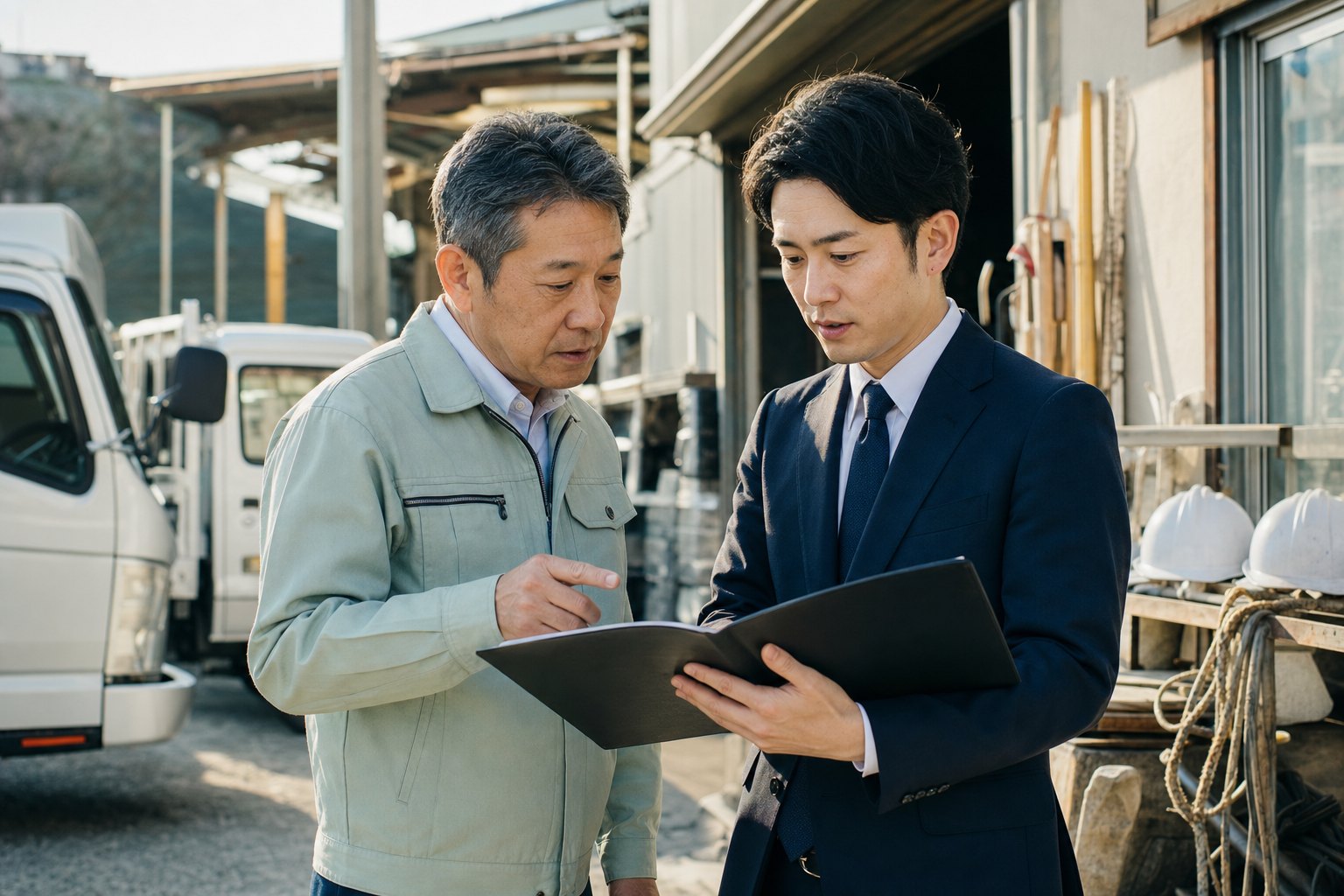 京都の建設設備会社で資料を確認する経営者とアドバイザー