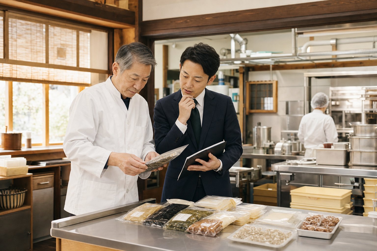 京都の食品製造会社で商品と資料を確認する経営者とアドバイザー