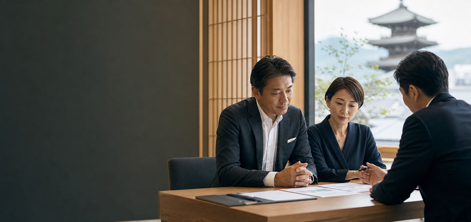 京都の落ち着いた相談室で会社売却について話し合う経営者とM&Aアドバイザー