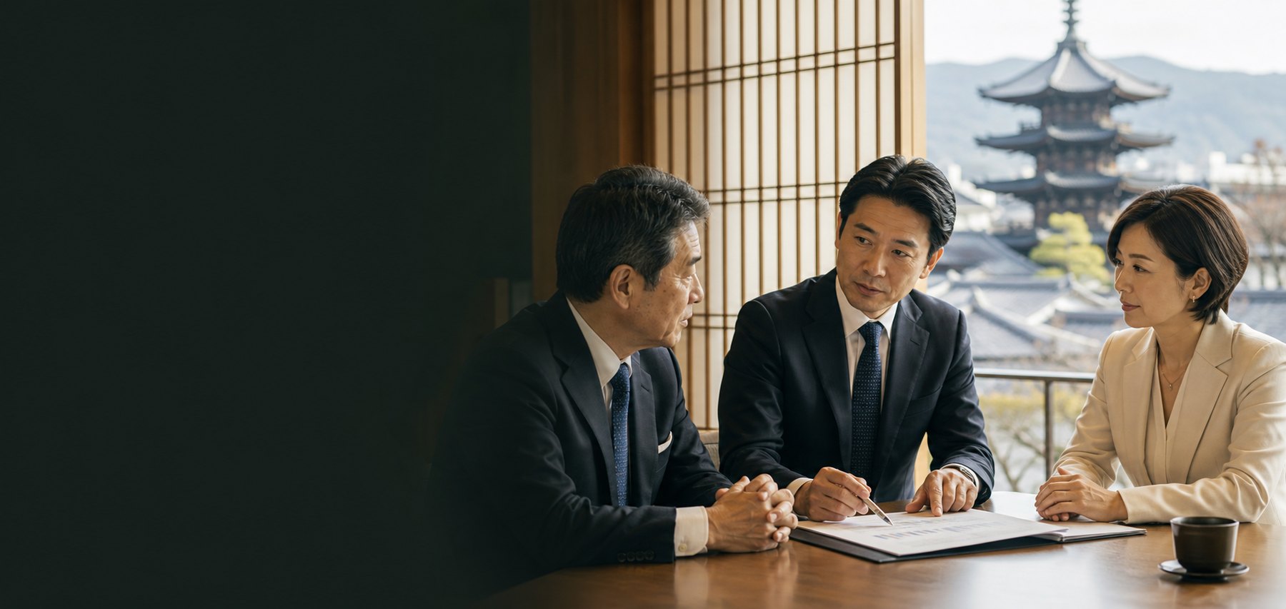 京都の相談室で経営者とM&Aアドバイザーが会社売却について話し合うメインビジュアル