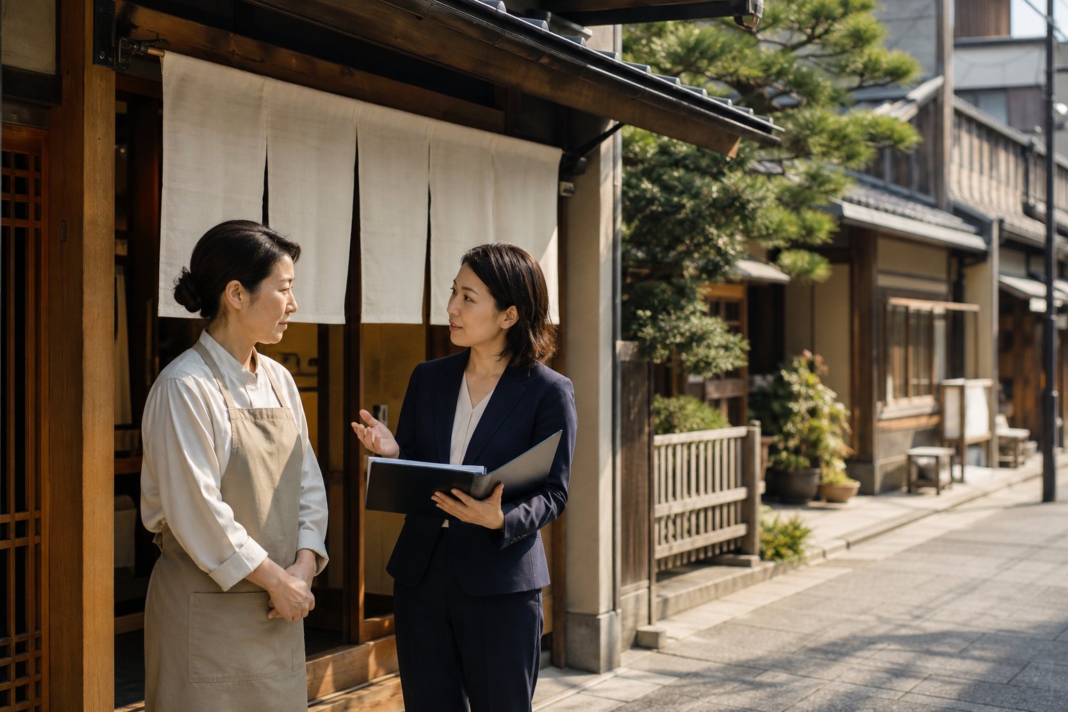 京都の町家店舗前で事業承継を相談する女性経営者とアドバイザー