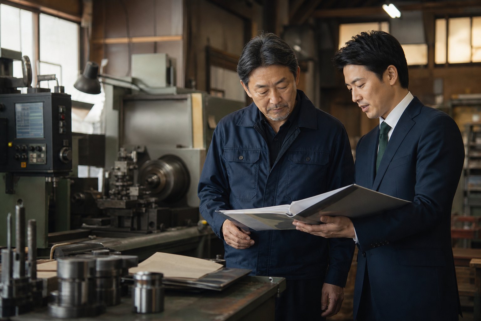 京都の製造業で承継資料を確認する経営者とアドバイザー